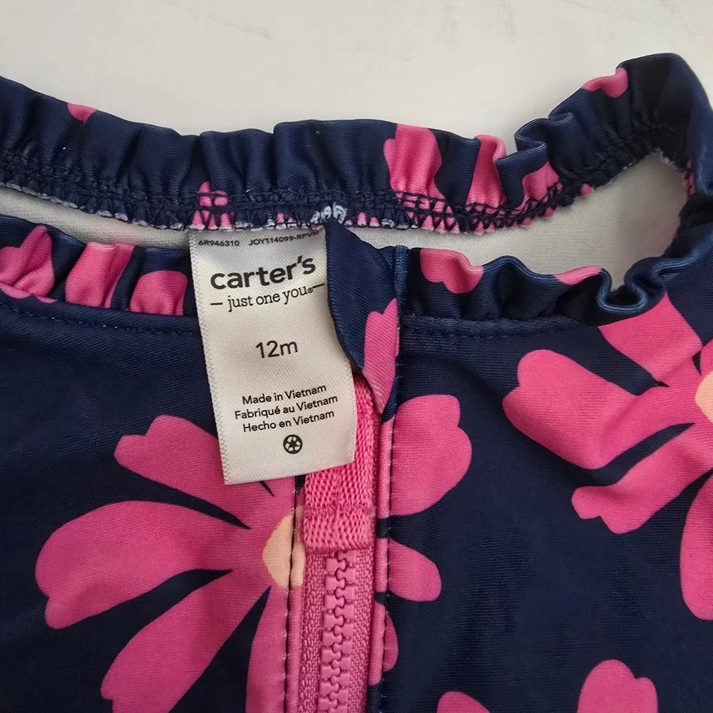 Carters Just One You 12M Navy Pink Daisy Long Sleeve Rash Guard Swimsuit Snap